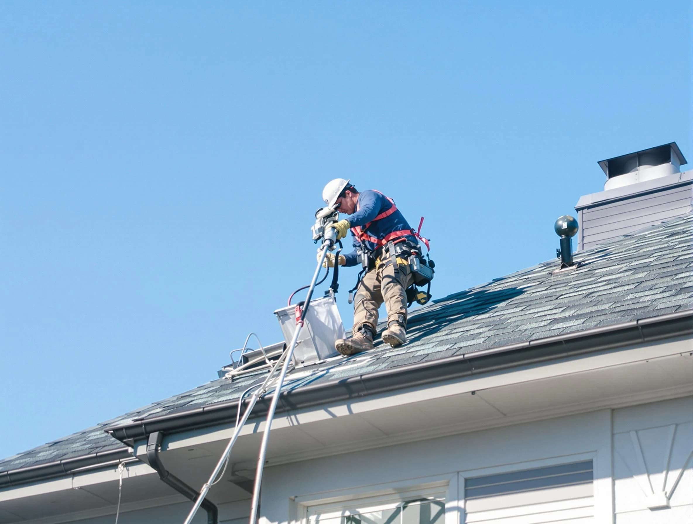 Greenwood Village Dryer Vent Cleaning certified technician cleaning a roof-mounted dryer vent system in Greenwood Village