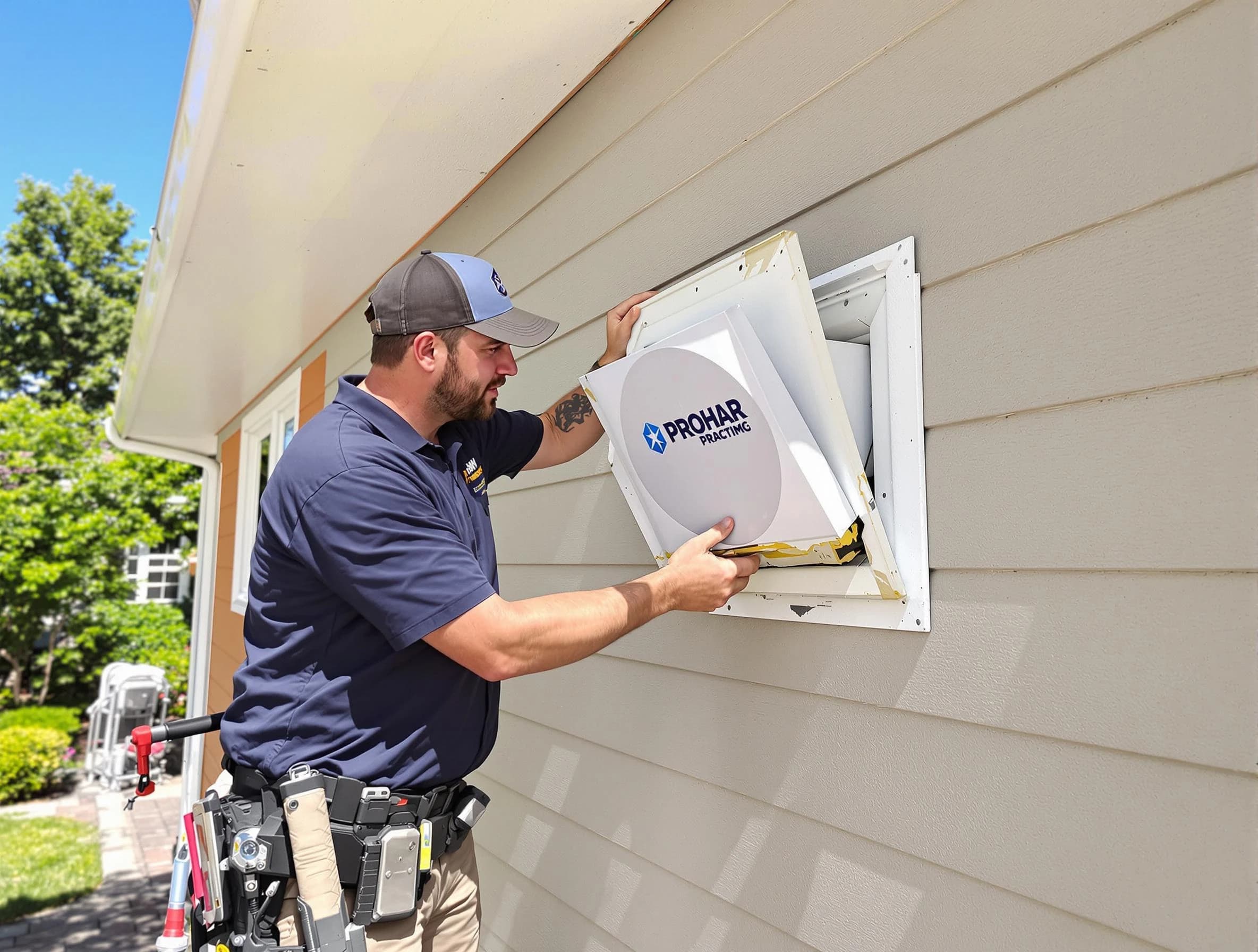 Greenwood Village Dryer Vent Cleaning technician installing a new protective dryer vent cover on a home in Greenwood Village