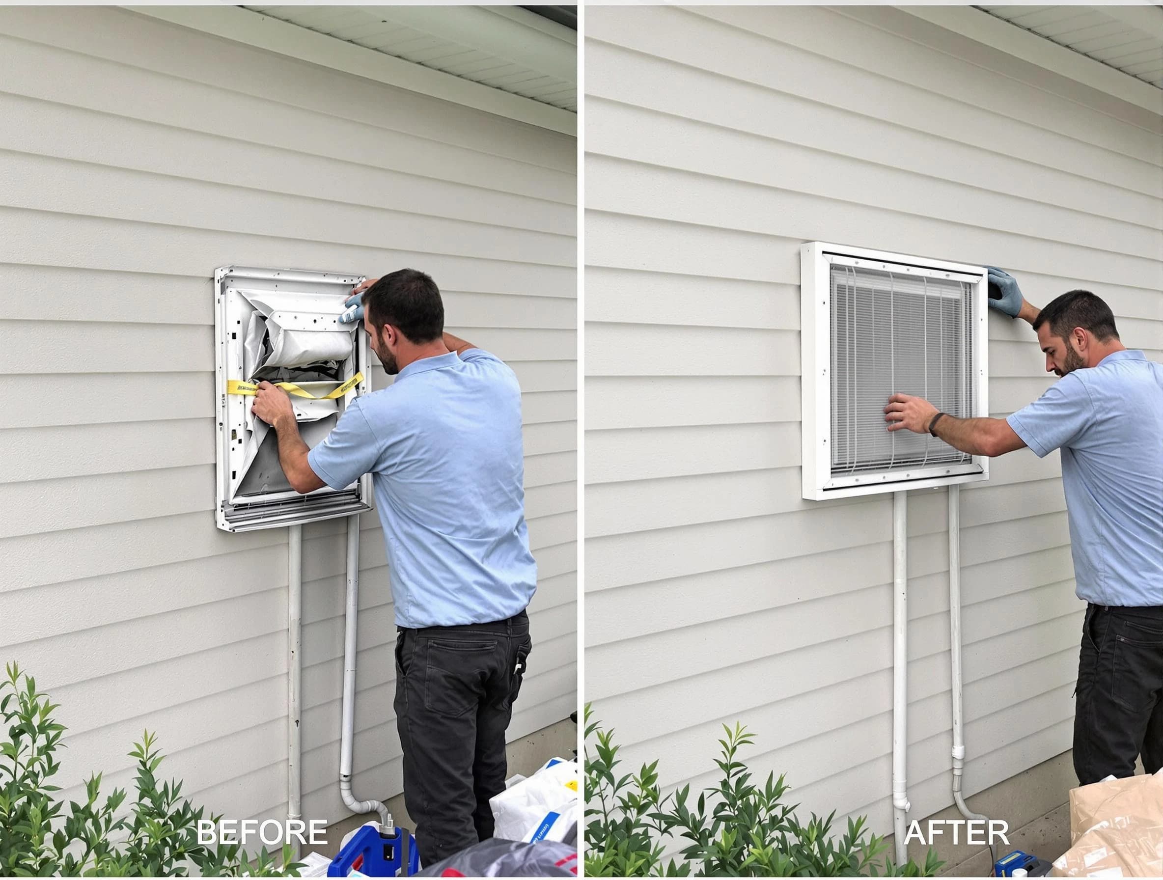 Greenwood Village Dryer Vent Cleaning technician installing high-quality dryer vent cover at a residential property in Greenwood Village