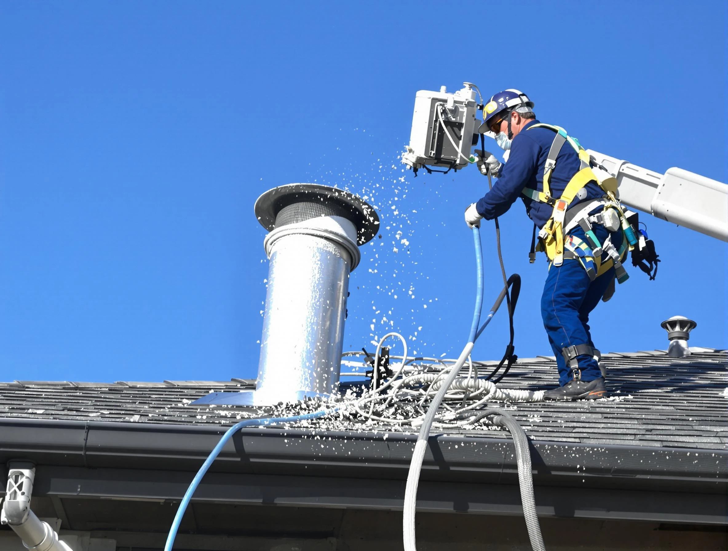 Greenwood Village Dryer Vent Cleaning certified technician safely cleaning a roof-mounted dryer vent in Greenwood Village